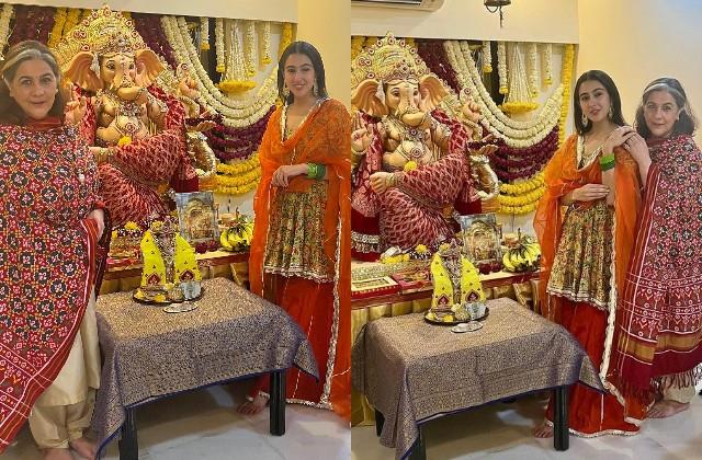 Sara Ali Khan ने घर पर किया गणपति का स्वागत, मां अमृता संग बप्पा के साथ आई नजर