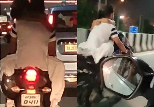 Video : बाइक पर Couple कर रहा था रोमांस और स्टंट, पुलिस ने काटा भारी भरकम चालान