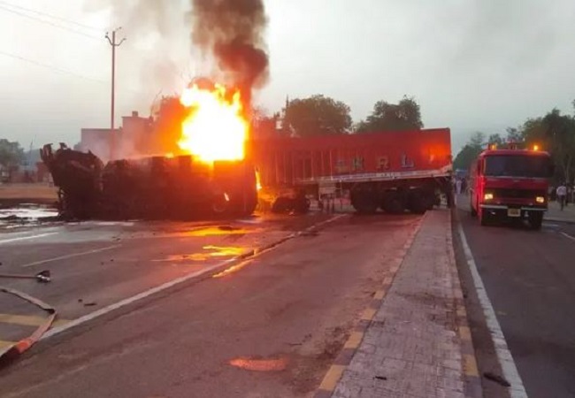 container truck and tanker face to face fierce collision