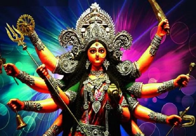 significance of Sudarshan Chakra, conch and trident in the hands of Maa Durga.