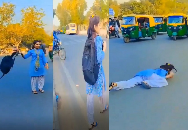 Viral Video: स्कूल बैग को फेंक अचानक बीच सड़क पर लेट गई लड़की, की ऐसी हरकत वायरल हो गया वीडियो