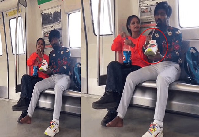 Delhi Metro Viral Video : दिल्ली मेट्रो में कपल ने जूते में डालकर कोल्ड ड्रिंक पीने का वायरल वीडियो देख खराब हो जाएगा मन