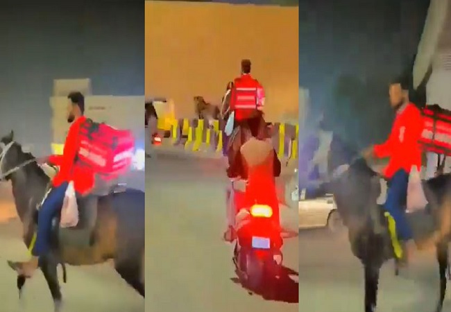 Zomato boy reached for food delivery riding on a horse.
