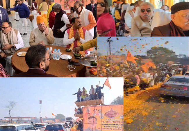 Ayodhya: रामलला के दर्शन करने पहुंचे योगी सरकार में मंत्री और विधायक, फूलों की बारिश, शानदार नाश्ता, भव्य स्वागत