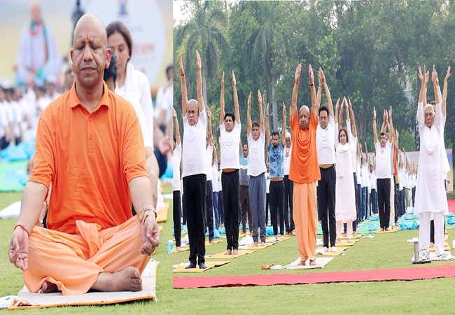 योग दिवस पर CM योगी का दिखा नया अंदाज, भगवा टीशर्ट में किया योगाभ्यास