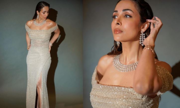 Malaika Arora: मलाइका अरोड़ा ने सिल्वर ऑफ शोल्डर शिमरी हाई स्लिट ड्रेस में गिराई गाज