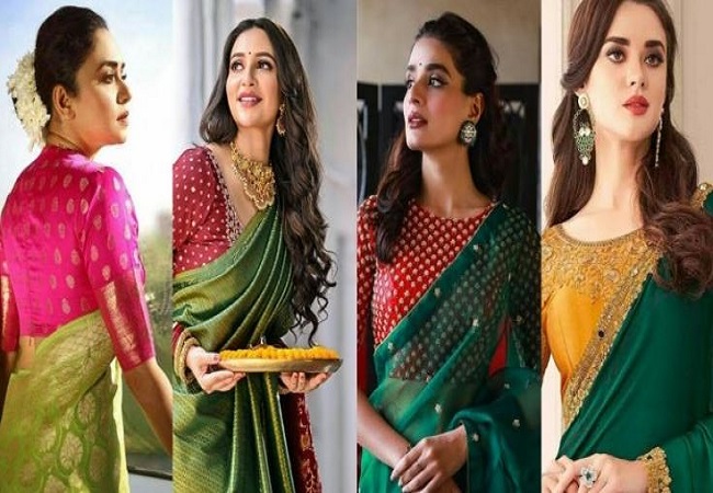 Blouse of this color with green saree will give a different and trendy look