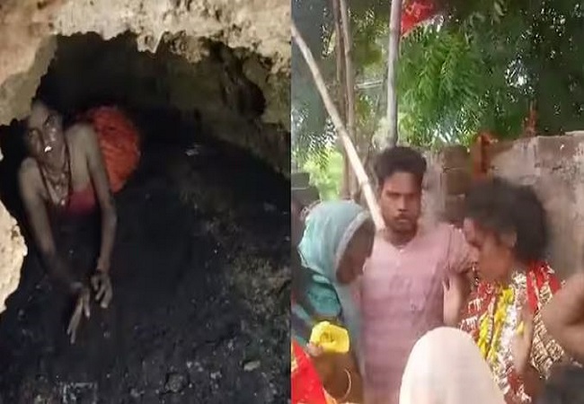 Girl doing snake like actions at the mouth of the cave