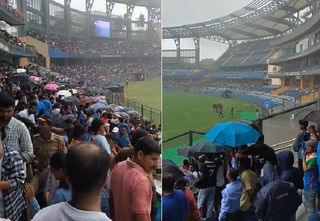 Victory Parade से पहले मुंबई में झमाझम बारिश; वानखेड़े में छाता लेकर पहुंचे फैंस; देखें वीडियो