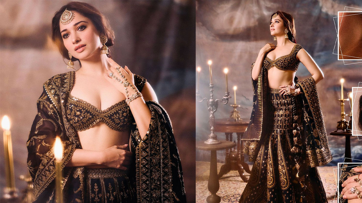 Tamanna Bhatia Lehenga Look: तमन्ना भाटिया ने ब्लैक लहंगा पहना गिराई बिजली, गोल्डन जरी डिजाइन पर फैन्स फिदा