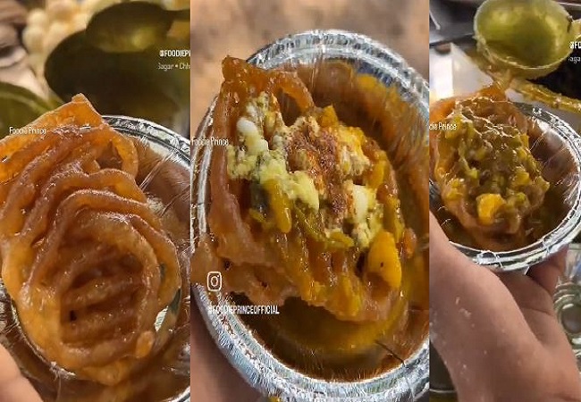 Shopkeeper served vegetables and green chutney along with sweet jalebi