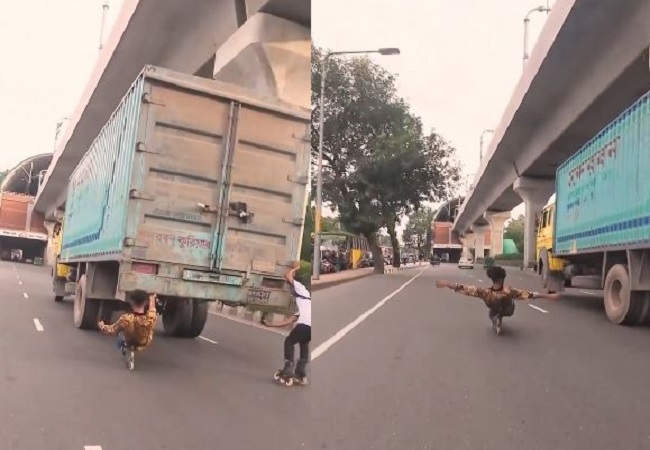 Two boys risk their lives and stunt behind a truck wearing skates