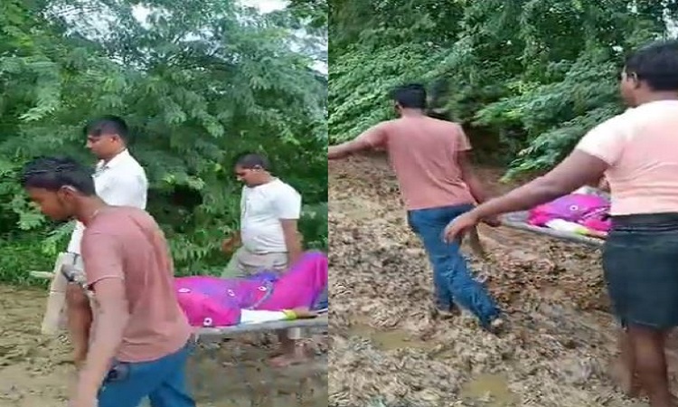 Family members made the patient cross the muddy road in Agra by carrying him on a cot