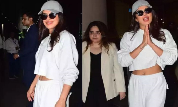 Desi girl spotted at Mumbai airport wearing track pants with white crop top