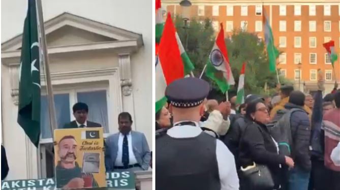 Video-लंदन में पाकिस्तानी उच्चायोग में सेना के बेशर्म अधिकारी की ओछी हरकत, भारतीय प्रदर्शनकारियों को किया गला काटने का इशारा