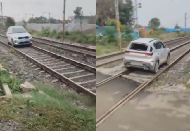 VIDEO: महिला ने रेल की पटरी पर दौड़ाई कार, लोगों के छूटे पसीने; रेलवे में मचा हड़कंप, वीडियो वायरल