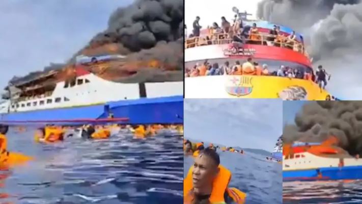 Indonesian Ferry Catches massive Fire: इंडोनेशिया में जलते जहाज से समुद्र में कूदे लोग , यात्री रेस्क्यू ऑपरेशन से सुरक्षित स्थान पर पहुंचे