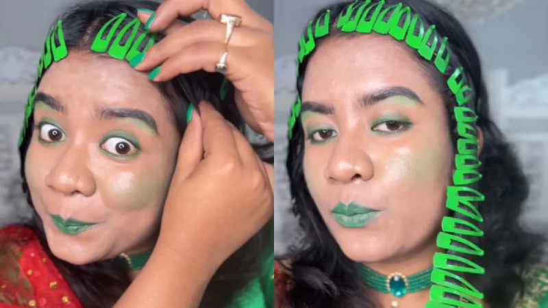 सावन में महिला ने किया ऐसा मेकअप जिसे देख लोग हुए दंग , हरियाली शृंगार हुआ वायरल