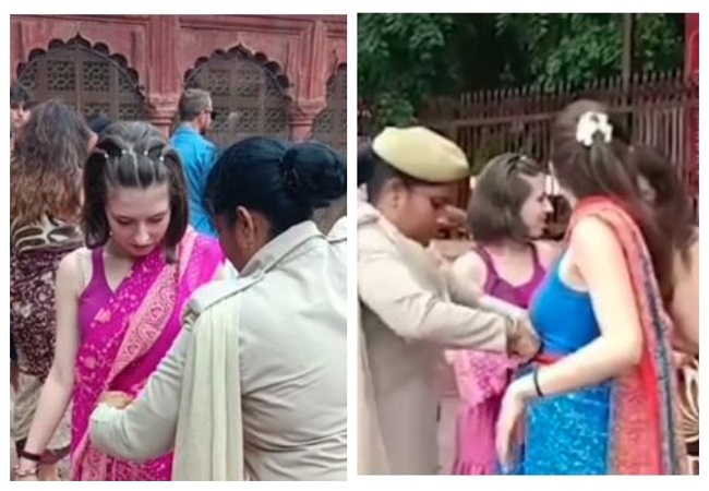 Video-अतिथि देवो भवः आगरा ताजमहल देखने आयी इटली की दो महिलाओं की अचानक खुल गयी साड़ी,यूपी पुलिस की महिला सिपाही ने पहनाई