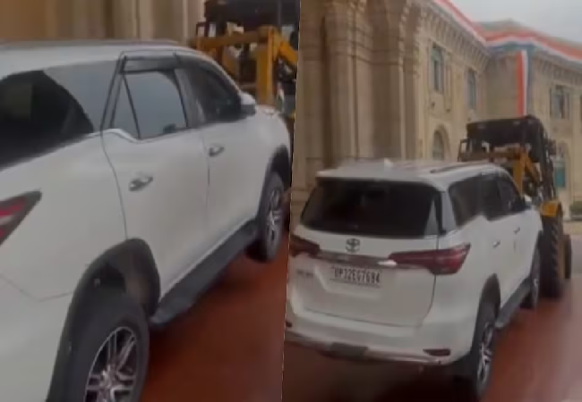 VIDEO: यूपी विधानसभा के नो पार्किंग में खड़ी थी मंत्री की फॉर्च्यूनर, क्रेन से उठा ले गई ट्रैफिक पुलिस