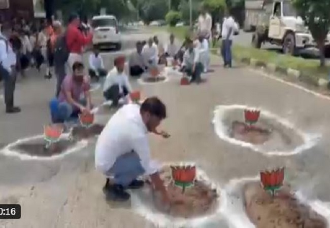 कांग्रेस का अनोखा प्रदर्शन चंडीगढ़ में सड़कों पर लगाया कमल का फूल- देखे वीडियो