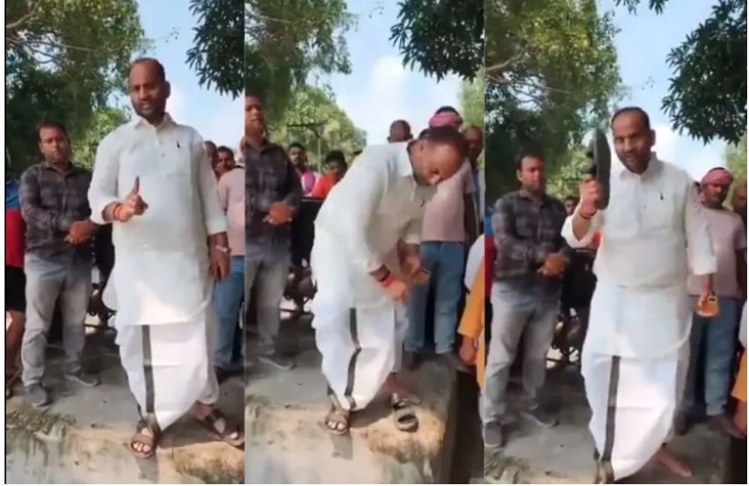 VIDEO-सपा के पूर्व विधायक मनोज सिंह डब्लू अधिकारियों पर चप्पल तानते हुए, बोले-अगर बात नहीं माने तो एहसे बात होई…