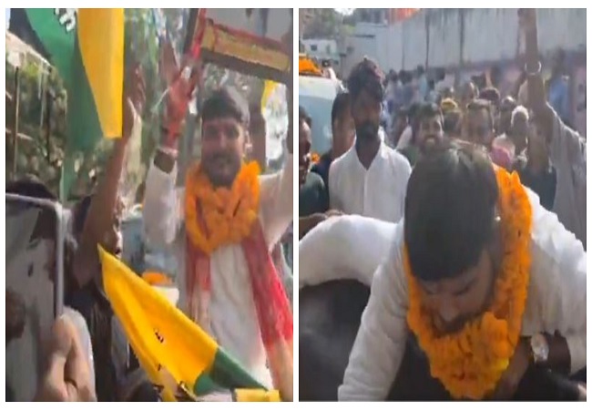 तेज प्रताप यादव के प्रत्याशी भैसे पर बैठ कर पहुचे नामांकन कराने, वीडियो वायरल