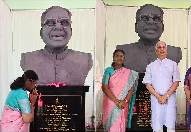 केरल राजभवन परिसर में द्रौपदी मुर्मू ने पूर्व राष्ट्रपति केआर नारायणन की प्रतिमा का किया अनावरण, बोलीं- उनका जीवन साहस, मेहनत और आत्मविश्वास की है मिसाल