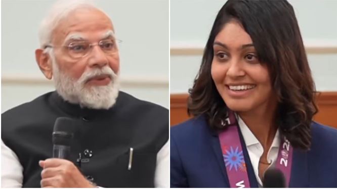 VIDEO : जब पीएम से क्रिकेटर हरलीन ने पूछ लिया स्किन केयर रूटीन, बोलीं- आप बहुत ग्लो करते हो, फिर मोदी ने पकड़ लिया अपना सिर