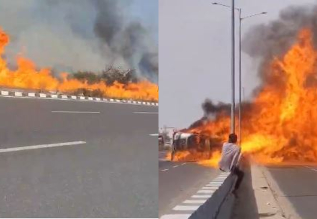 Video-नेशनल हाईवे-68 सिवाड़ा के पास तेल टैंकर पलटा, सड़क पर 200 मीटर तक फैली लपटें, 1 जिंदा जला, दूसरा बाल-बाल बचा