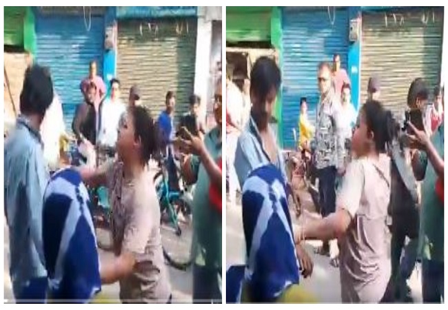 VIDEO: युवक ने युवती से की छेड़खानी, पुलिस से कि शिकायत तो आरोपी देने लगा धमकी, पीड़िता ने बीच सड़क पर चप्पलों से पीटा