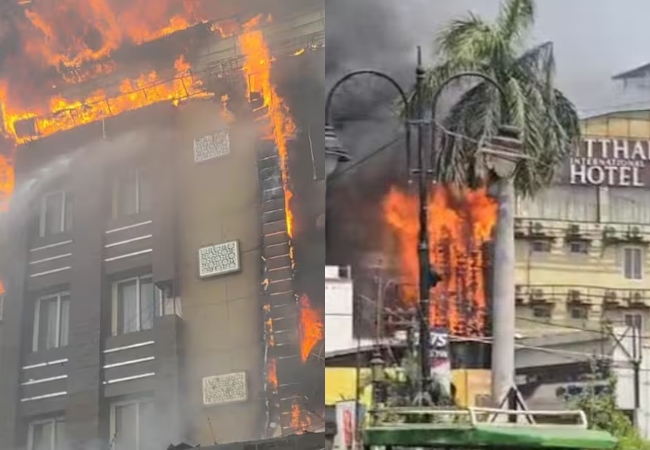 प्रयागराज के 4 मंजिला होटल में भीषण आग, ट्रांसफार्मर ब्लास्ट होने की आशंका, 12 लोग अंदर फंसे, सभी को सुरक्षित निकाला गया