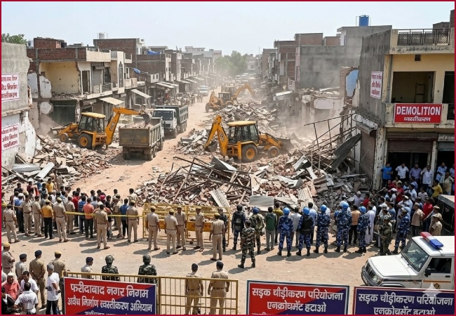 फरीदाबाद में नगर निगम के बुलडोजर ने किया, 100 से अधिक दुकानों के अवैध निर्माण को ध्वस्त