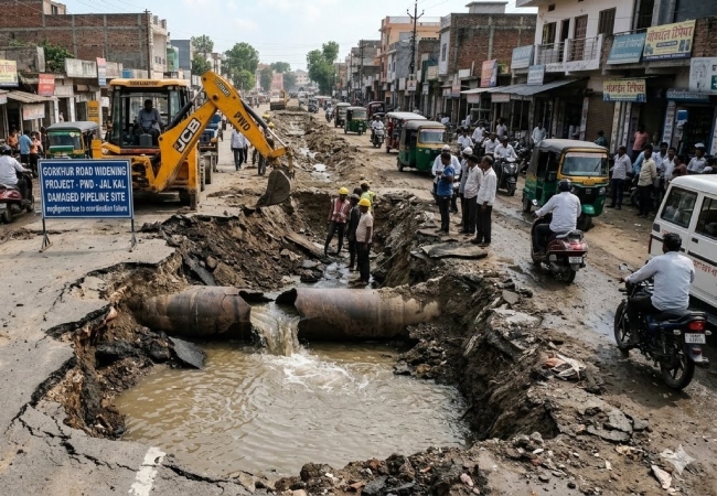 गोरखपुर में विभागों की लड़ाई में जनता का नुकसान, सड़क चौड़ीकरण ने तोड़ी 7 करोड़ की पाइपलाइन