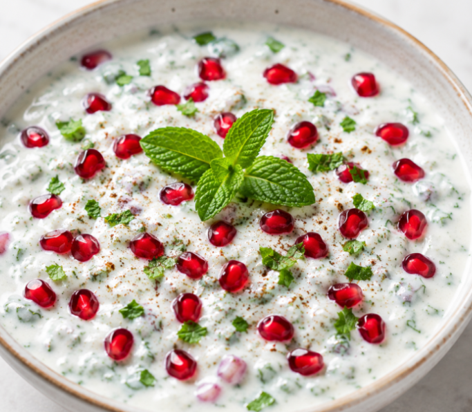 Mint-Pomegranate Raita :  पुदीना-अनार रायता पाचन को बेहतर बनाता है, परोसे मसालेदार खाने के साथ