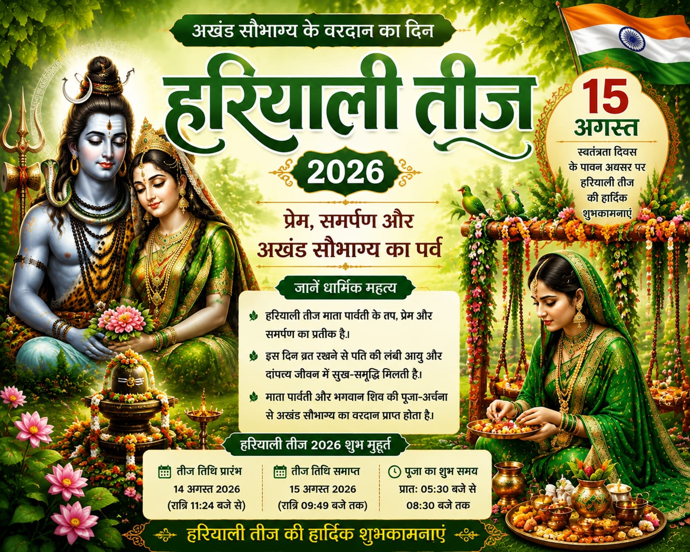 Hariyali Teej 2026 : हरियाली तीज अखंड सौभाग्य के वरदान का दिन, जानें धार्मिक महत्व और पूजा के शुभ मुहूर्त
