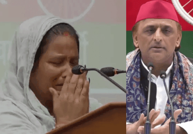 अखिलेश के सामने रोते हुए महिला बोली- नवंबर में बेटी की शादी है, घर पर रात डेढ़ बजे बुलडोजर चल गया...