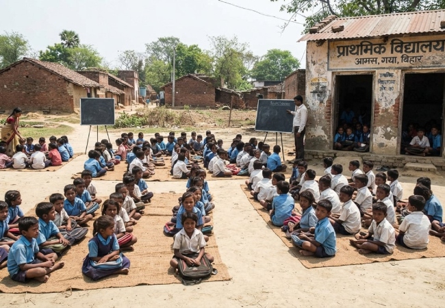 बिहार में गया के आमस में महज दो कमरों में चल रही आठ कक्षाएं, धूप में पढ़ने को मजबूर 200 बच्चे