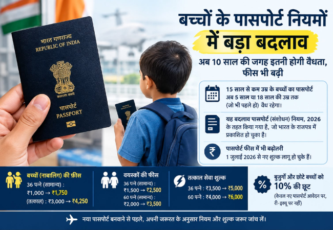 बच्चों के पासपोर्ट पर बदला नियम: 15 वर्ष से कम आयु के बच्चों का पासपोर्ट अब 5 पांच साल होगा वैध, फीस भी बढ़ी