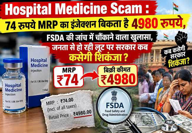 Hospital Medicine Scam : 74 रुपये MRP का इंजेक्शन बिकता है 4980 रुपये, FSDA की जांच में चौंकाने वाला खुलासा, जनता से हो रही लूट पर सरकार कब कसेगी शिकंजा?