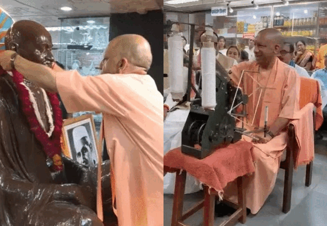 CM योगी ने गांधी जयंती पर चरखा चलाकर काता सूत, समाज को दिया आत्मनिर्भरता का संदेश