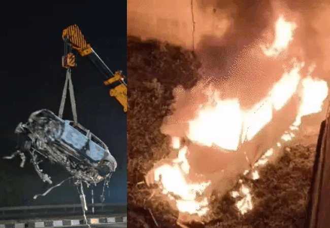 मध्यप्रदेश में पुलिया से 25 फीट नीचे गिरी कार, आग में जिंदा जले 4 दोस्त: एक गंभीर